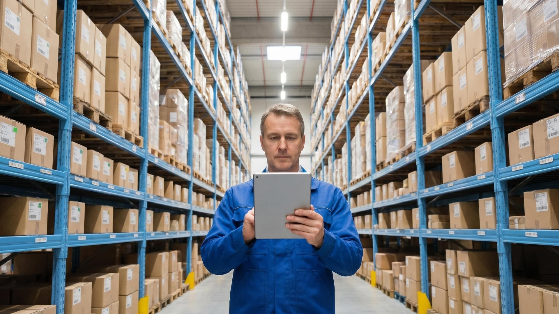 Lagermitarbeiter mit Tablet zwischen Regalen 