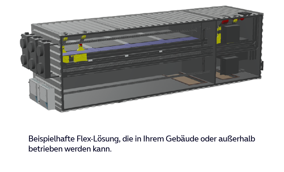 3D-Illustration eines kompakten, containerförmigen O₂ Business Data Center Flex – einsetzbar innerhalb oder außerhalb eines Gebäudes.