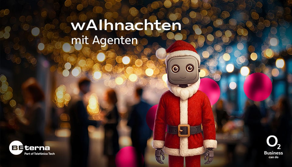 Visual zum BE-terna Event „wAIhnachten mit Agenten“: Ein KI-Roboter im Weihnachtsmann-Outfit steht vor einer festlich beleuchteten Eventkulisse.