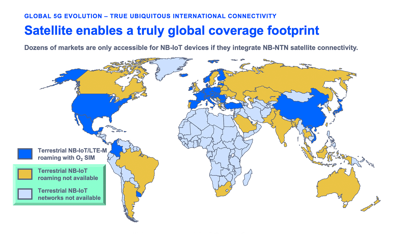 Weltkarte zur globalen NB-IoT/LTE-M-Abdeckung mit o2 SIM: Regionen mit terrestrischem Roaming, eingeschränkter Verfügbarkeit und Satellit als Lückenschluss