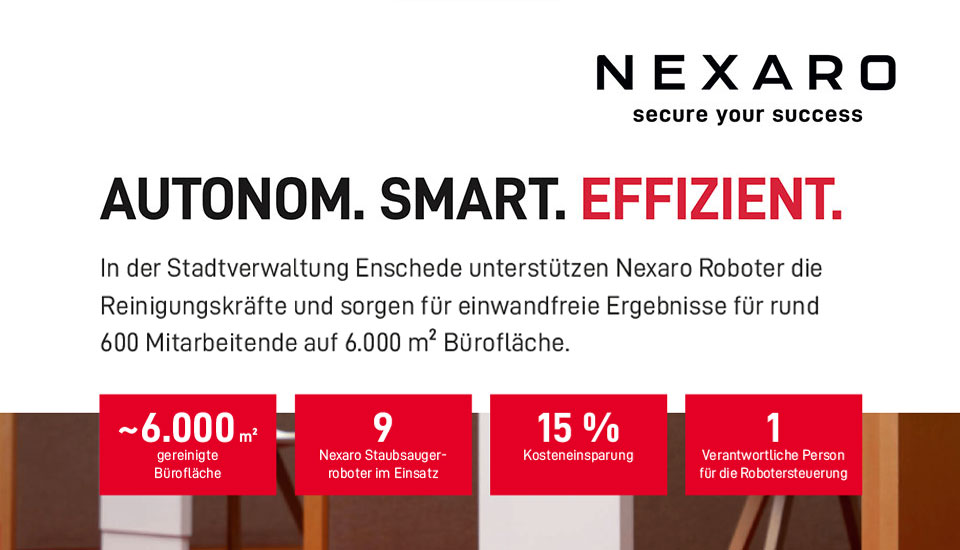 Infografik zur Fallstudie der Stadtverwaltung Enschede: Neun Nexaro Reinigungsroboter reinigen rund 6.000 Quadratmeter Bürofläche für 600 Mitarbeitende.