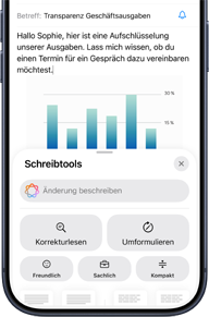 Ein Display zeigt eine geschäftliche E-Mail mit einem Diagramm und Apple Intelligence Anfragen darunter, die Schreibtools unterstützen