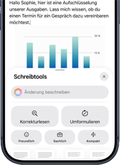 Ein Display zeigt eine geschäftliche E-Mail mit einem Diagramm und Apple Intelligence Anfragen darunter, die Schreibtools unterstützen
