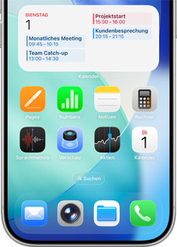 Bild der iPhone App auf dem Display, mit oben erweitertem Kalender, der die Termine des Tages anzeigt