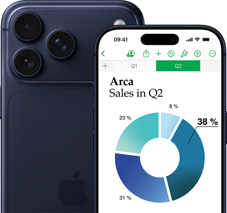 Ein größeres iPhone17 Pro Modell zeigt die Rückseite des Telefons und die Kamera, mit einem kleineren iPhone17 Pro davor, das einen Bildschirm mit einem Diagramm und Numbers Funktionen zeigt