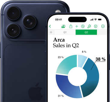 Ein größeres iPhone17 Pro Modell zeigt die Rückseite des Telefons und die Kamera, mit einem kleineren iPhone17 Pro davor, das einen Bildschirm mit einem Diagramm und Numbers Funktionen zeigt
