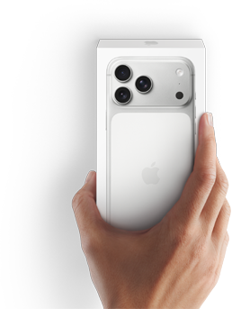 Bild einer rechten Hand, die die Verpackung des neuesten iPhone 17 mit dem Telefon darin hält.