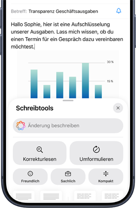 Ein Display zeigt eine geschäftliche E-Mail mit einem Diagramm und Apple Intelligence Anfragen darunter, die Schreibtools unterstützen
