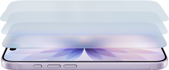 Ein flach liegendes iPhone mit mehreren Ceramic Shield Schichten, die leicht voneinander entfernt über dem Telefon angeordnet sind, um die Stärke des Ceramic Shield für das iPhone 17 zu verdeutlichen