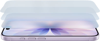 Ein flach liegendes iPhone mit mehreren Ceramic Shield Schichten, die leicht voneinander entfernt über dem Telefon angeordnet sind, um die Stärke des Ceramic Shield für das iPhone 17 zu verdeutlichen