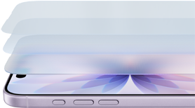 Ein flach liegendes iPhone mit mehreren Ceramic Shield Schichten, die leicht voneinander entfernt über dem Telefon angeordnet sind, um die Stärke des Ceramic Shield für das iPhone 17 zu verdeutlichen