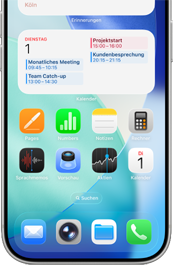 Bild der iPhone App auf dem Display, mit oben erweitertem Kalender, der die Termine des Tages anzeigt