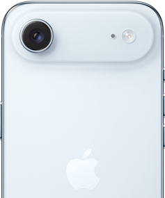 Ein Bild zeigt die obere Hälfte der Rückseite des iPhone Air in Weiß, mit Fokus auf Kamera und Blitz