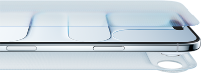 Ein flach liegendes iPhone mit einer Schicht des Ceramic Shield, die das iPhone leicht umgibt und es komplett bedeckt, um die Stärke des Ceramic Shield zu symbolisieren