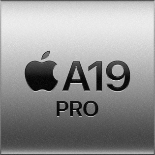 Ein silbernes Quadrat mit dem Apple Logo und dem Text „A19 Pro“, der für den A19 Pro Chip steht