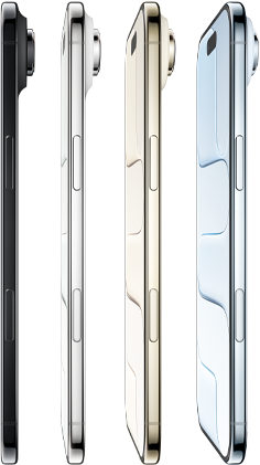 iPhone Air, Seitenansicht, alle vier Farben, Himmelblau, Lichtgold, Wolkenweiß, Space Black, sehr dünnes Profil, Fusion Kamera-System, Tasten: Seite, Kamerasteuerung