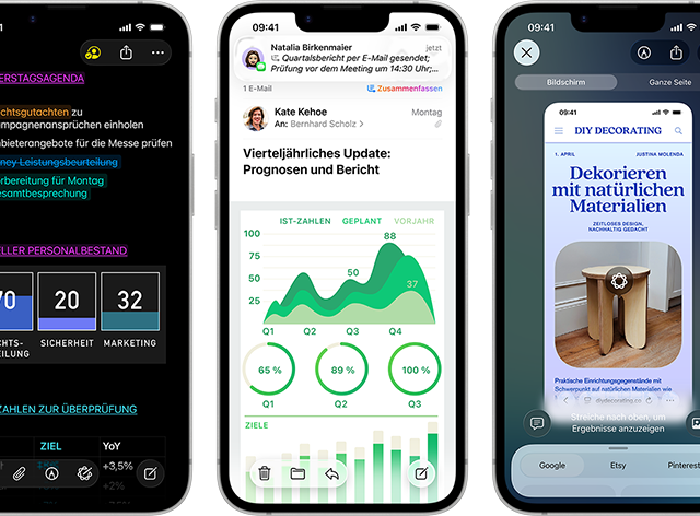 Mehrere iPhone 17e Ger&auml;te im Hochformat nebeneinander, die die Performance mit verschiedenen Diagrammen, Tabellen und Produktivit&auml;tsapps f&uuml;r Unternehmen wie Vorschau, Notizen, Mail, Visuelle Intelligenz und Numbers zeigen