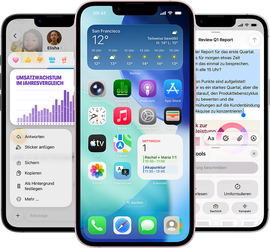 Mehrere iPhone 17e Geräte nebeneinander zeigen ein Foto eines Diagramms in der Nachrichten App, den Homescreen mit dem Wetter Widget und Apps sowie die Notizen App mit verwendeten Apple Intelligence Schreibtools