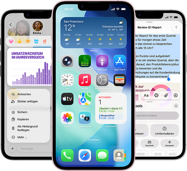 Mehrere iPhone 17e Geräte nebeneinander zeigen ein Foto eines Diagramms in der Nachrichten App, den Homescreen mit dem Wetter Widget und Apps sowie die Notizen App mit verwendeten Apple Intelligence Schreibtools
