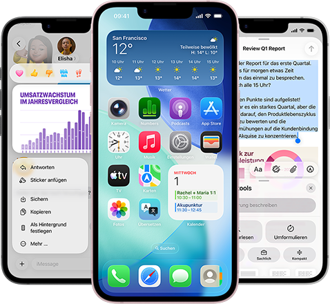 Mehrere iPhone 17e Geräte nebeneinander zeigen ein Foto eines Diagramms in der Nachrichten App, den Homescreen mit dem Wetter Widget und Apps sowie die Notizen App mit verwendeten Apple Intelligence Schreibtools