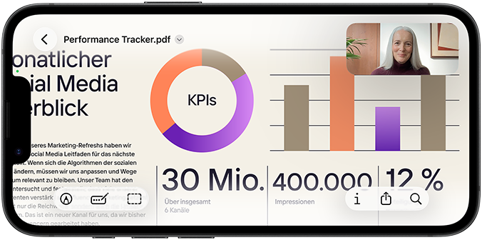 Ein iPhone 17e im Querformat zeigt einen FaceTime Anruf, um eine Präsentation in Vorschau anzusehen