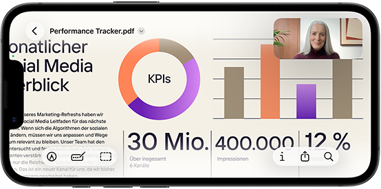 Ein iPhone 17e im Querformat zeigt einen FaceTime Anruf, um eine Präsentation in Vorschau anzusehen
