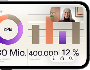 Ein iPhone 17e im Querformat zeigt einen FaceTime Anruf, um eine Präsentation in Vorschau anzusehen