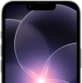 Teilansicht eines iPhone 17e in Schwarz im Hochformat, die das robuste Display mit dem Hintergrundbild einer violetten Blume im Liquid Glass Design hervorhebt