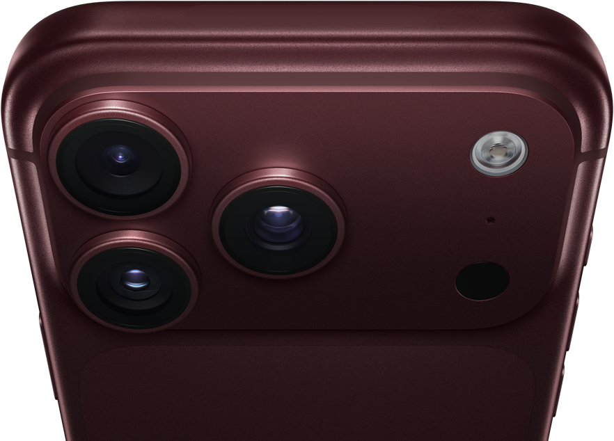 iPhone 18 Pro Max, Farbe Burgunder (Dunkelrot), Rückseite, Pro Fusion Kamera-System oben, 3 Objektive, Lamellen der variablen Blende teilweise geschlossen, Blitz, Mikrofon und LiDAR Scanner, Oberseite, Mobilfunkantenne, flache Seiten, gerundete Ecken