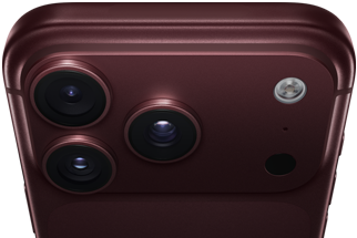 iPhone 18 Pro Max, Farbe Burgunder (Dunkelrot), Rückseite, Pro Fusion Kamera-System oben, 3 Objektive, Lamellen der variablen Blende teilweise geschlossen, Blitz, Mikrofon und LiDAR Scanner, Oberseite, Mobilfunkantenne, flache Seiten, gerundete Ecken