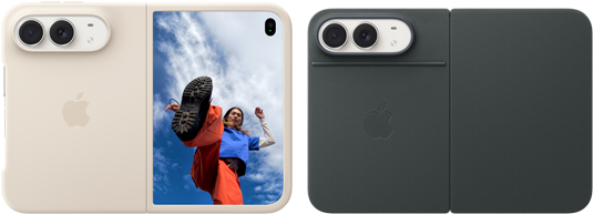 iPhone Duo, Farbe Sternenweiß in Silikon Case in Sand, Querformat, vollständig geöffnet, Dual Fusion Kameras oben links, das Case bedeckt die Rückseite und den äußeren Rand des Displays, die rechte Seite zeigt das Porträt einer Person auf dem äußeren Display. iPhone Duo, Farbe Sternenweiß, aufgestellt mit dem Folio mit Standfuß in Navyblau, vollständig geöffnet im Querformat, Rückseite mit den 48 MP Dual Fusion Rückkameras, zwei Objektive
