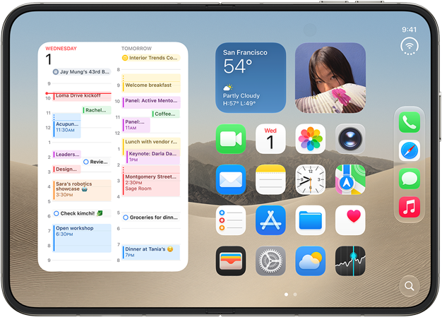 iPhone Duo, geöffnet im Querformat, links ein Kalender Widget, rechts der iOS Homescreen