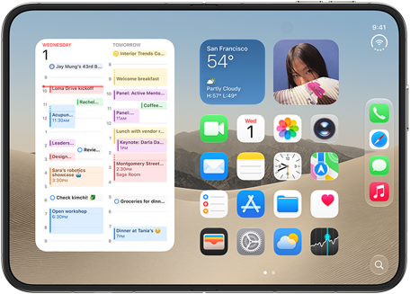 iPhone Duo, geöffnet im Querformat, links ein Kalender Widget, rechts der iOS Homescreen
