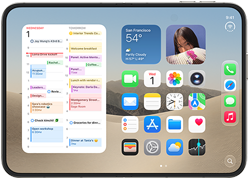 iPhone Duo, geöffnet im Querformat, links ein Kalender Widget, rechts der iOS Homescreen