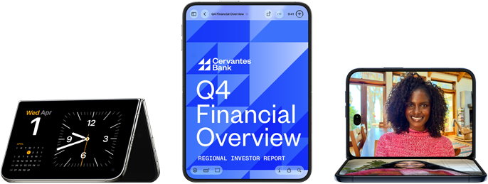 iPhone Duo in verschiedenen Positionen: umgedreht im offenen Querformat, in einem leichten Winkel geöffnet, äußeres Display, All‑Screen Design. Das Display zeigt eine Banking App in geöffneter, vertikaler Position. Querformat geöffnet, in rechtem Winkel geöffnet, inneres Display, All-Screen Design.