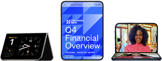 iPhone Duo, verschiedene Positionen: umgekehrtes Querformat geöffnet, in spitzem Winkel aufgefaltet, äußeres Display, All‑Screen Design. Das Display zeigt eine Banking App in geöffneter, vertikaler Position. Querformat geöffnet, in rechtem Winkel geöffnet, inneres Display, All-Screen Design.