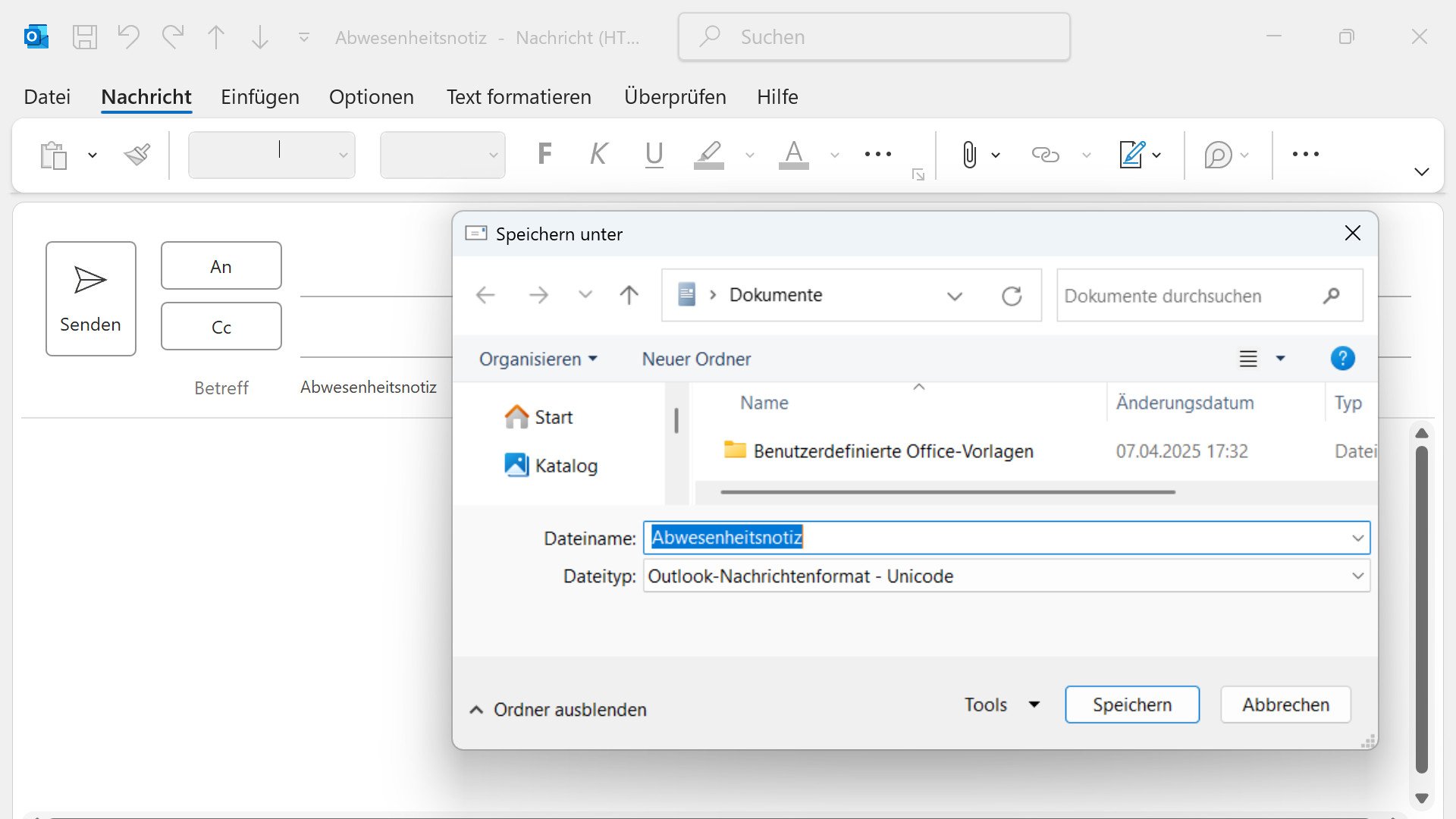 Screenshot der Funktion Abwesenheitsvorlage und Regeln im klassischen Outlook erstellen skaliert