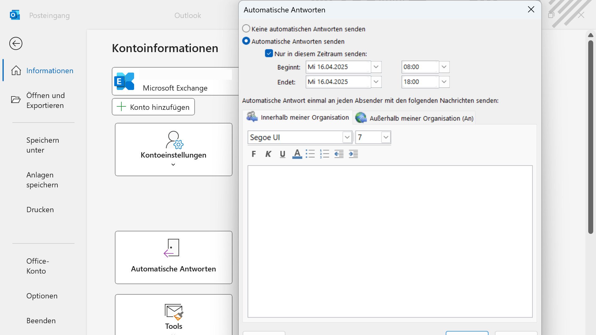 Screenshot der Funktion automatisch antworten im klassischen Outlook skaliert