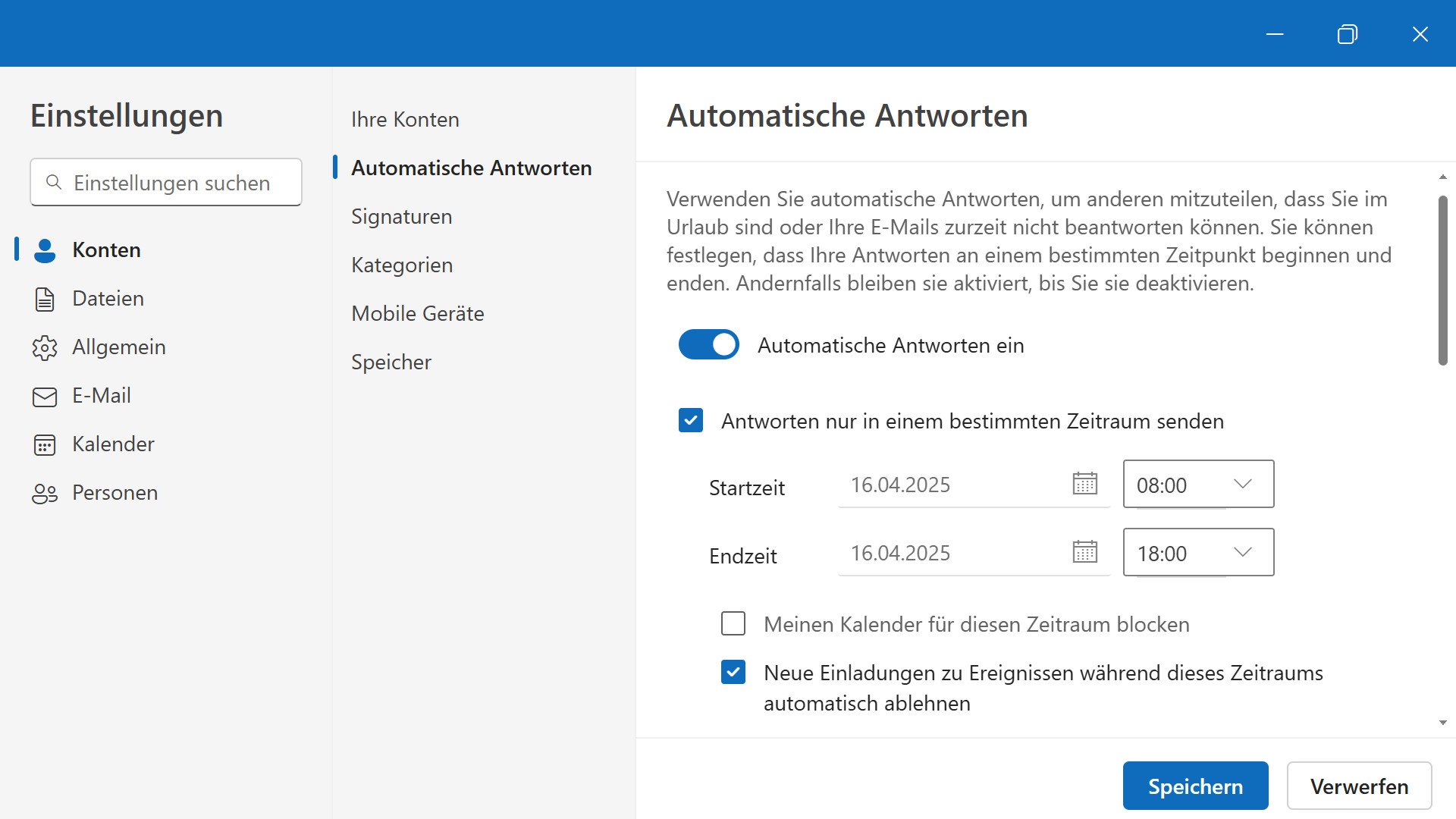 Screenshot der Funktion automatisch antworten in der neuen Outlook-App skaliert
