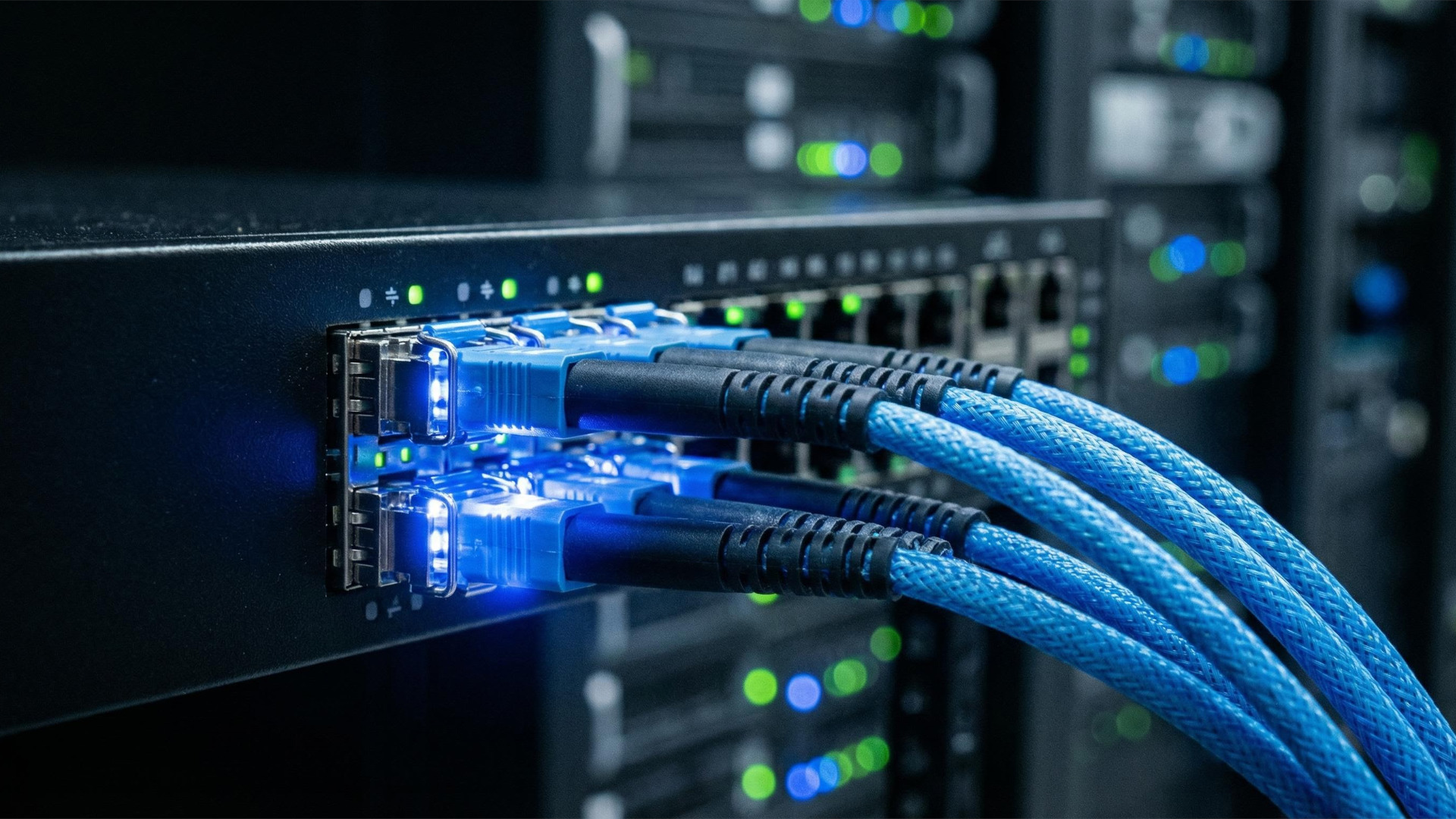 Nahaufnahme von Netzwerkkabeln, die an einen Server angeschlossen sind.