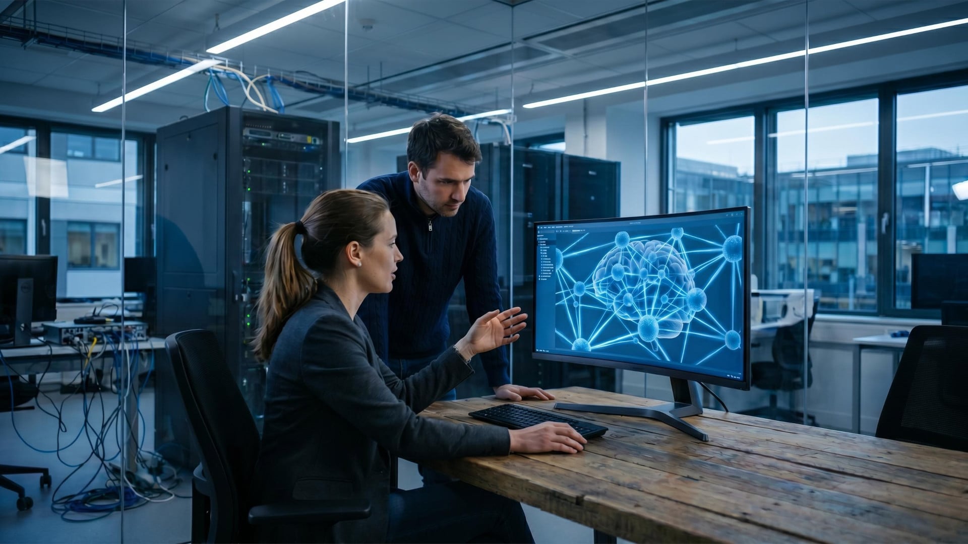 Zwei IT-Techniker schauen in einem IT-Labor auf einen Bildschirm, der ein neuronales Netz in Form eines Gehirns zeigt.