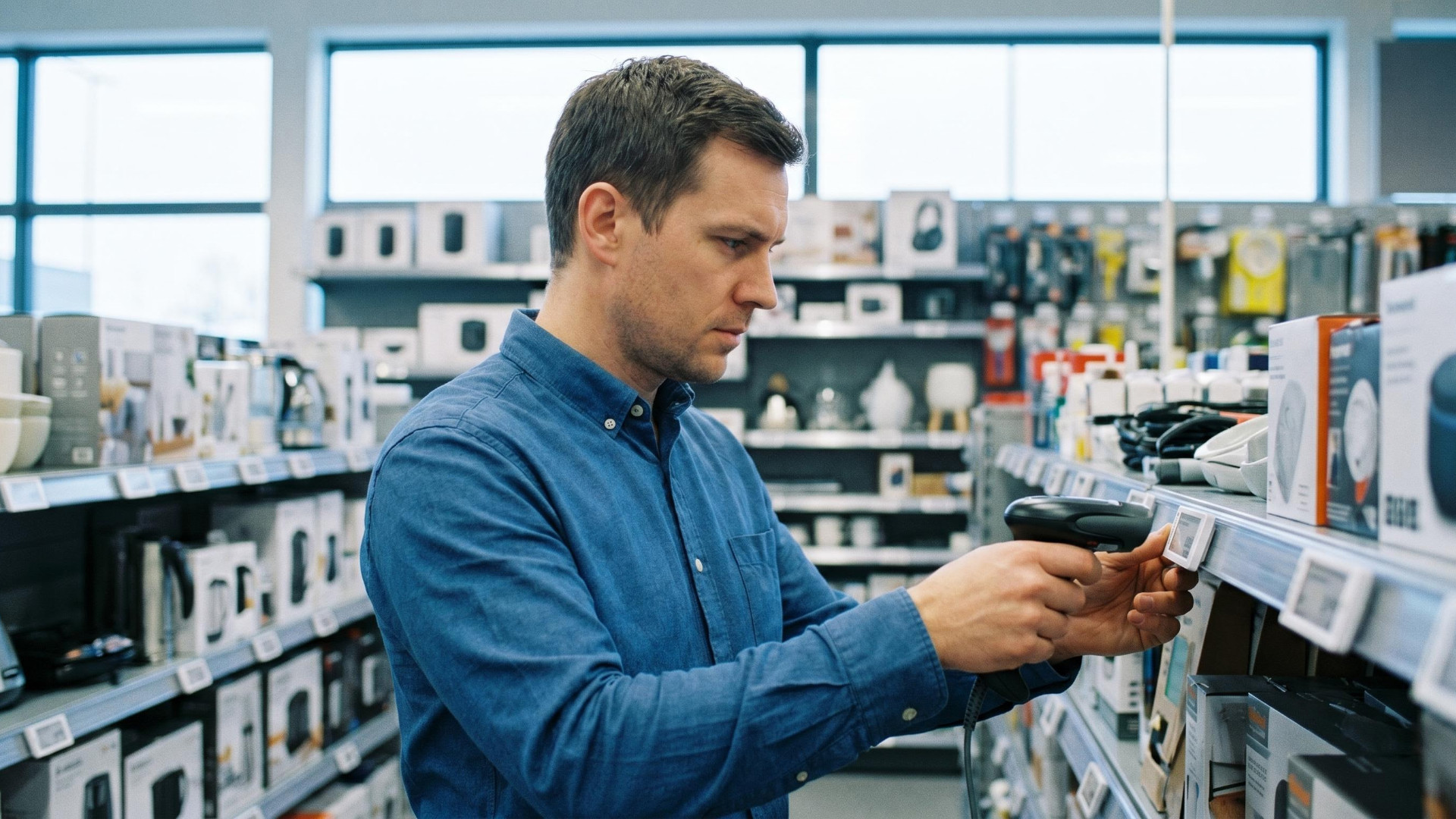 Ein Mitarbeiter scannt Waren im Regal mit einem Handscanner