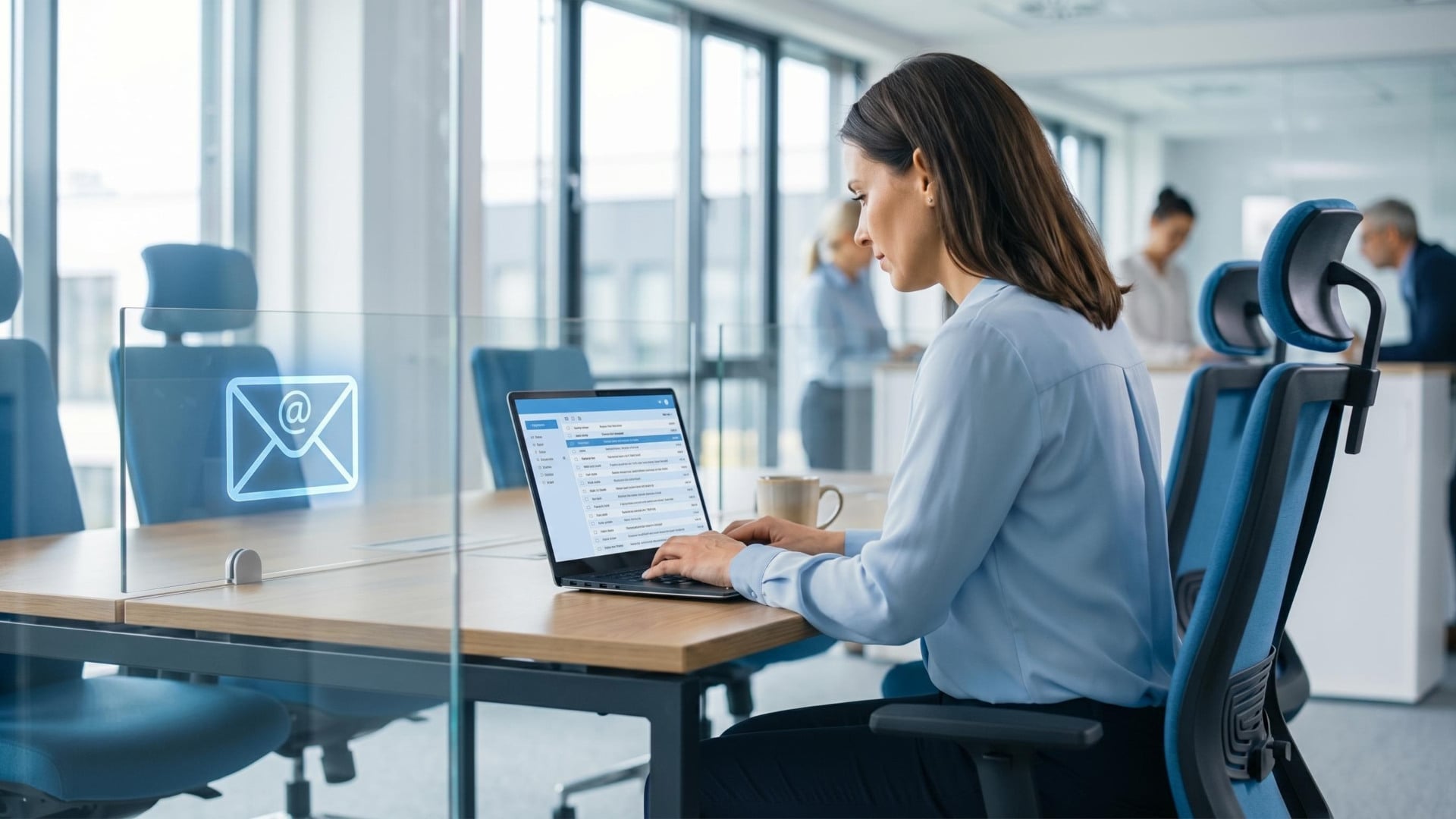 Eine Geschäftsfrau sitzt im Büro am Schreibtisch und nutzt eine E-Mail mit eigener Domain auf einem Laptop.