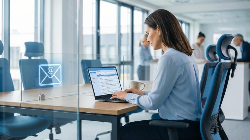 Eine Geschäftsfrau sitzt im Büro am Schreibtisch und nutzt eine E-Mail mit eigener Domain auf einem Laptop.