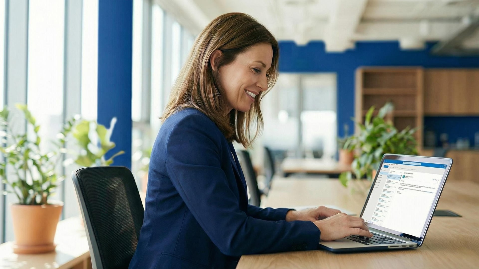 Eine zuversichtliche Geschäftsfrau schreibt E-Mails am Laptop.