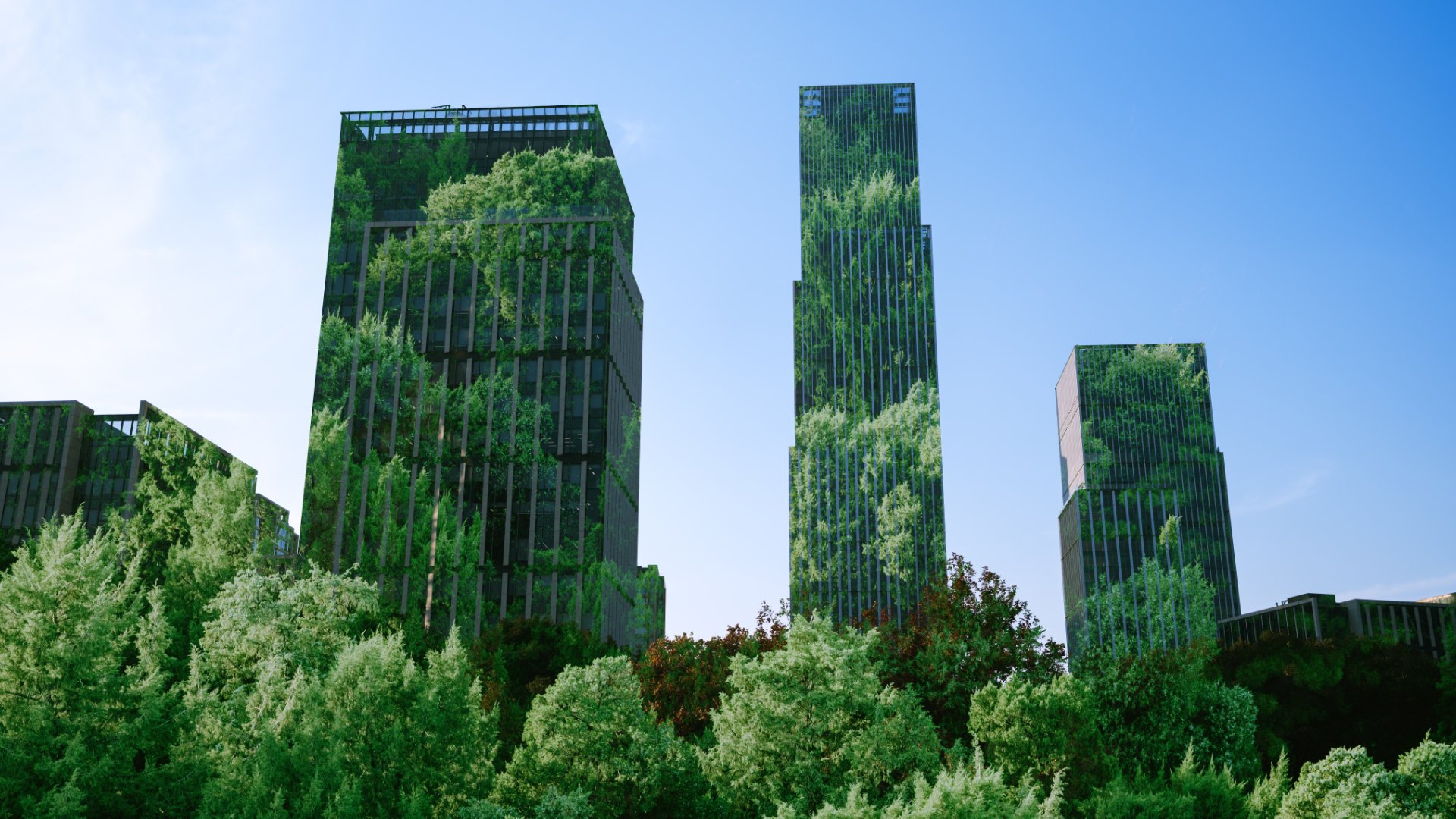 Begrünte Gebäude und Hochhäuser in einer modernen Stadt