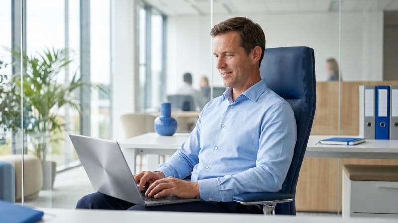 Eine Person sitzt im Büro und nutzt einen Laptop.