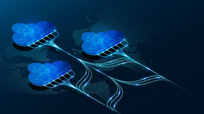symbolische Darstellung einer Hybrid Cloud. Mehrere miteinander verbundene Clouds.