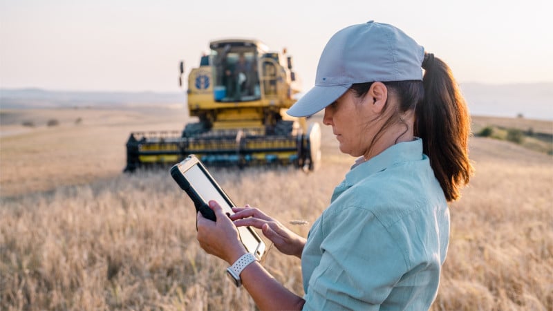 Eine Landwirtin nutz ein Tablet auf einem Feld, das abgeerntet wird.