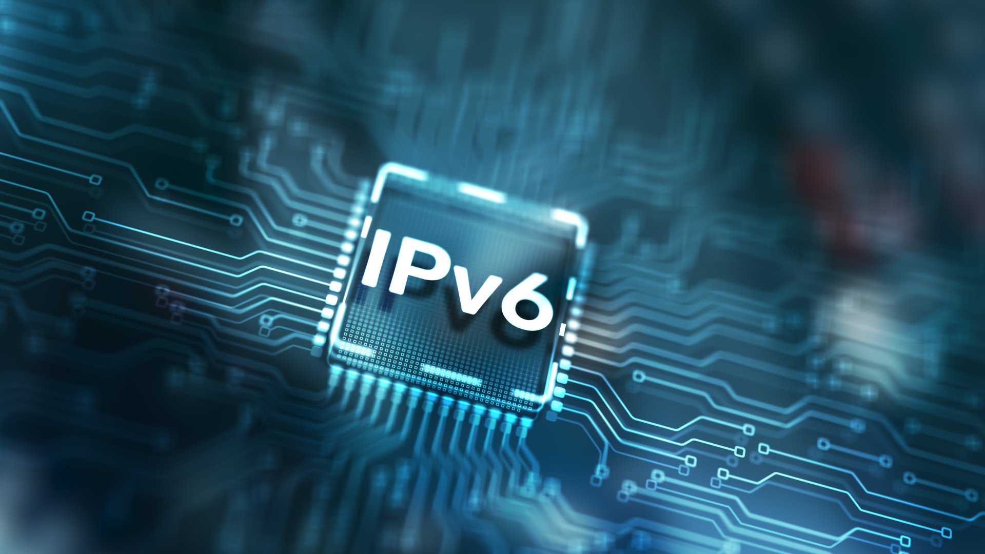 IPv6 ausgeschrieben und grafisch dargestellt auf einer blauen Platine